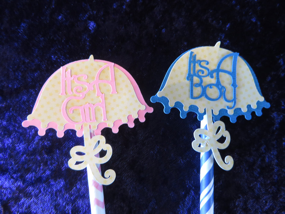 Gender Reveal Pink/Blue Umbrella Cupcake Toppers - set of 12