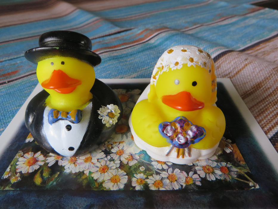 Custom painted Bride and groom Rubber ducks - I will coordinate your wedding colors with the duckies